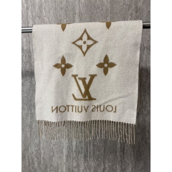 LOUIS VUITTON Monogram Reversible 100% Cashmere Scarf In Cream & Caramel Made In - Picture 5 of 8